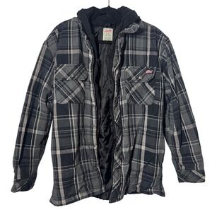Genuine Dickies Hooded Flannel Shirt Jacket L Grey Black Plaid Quilted Vintage
